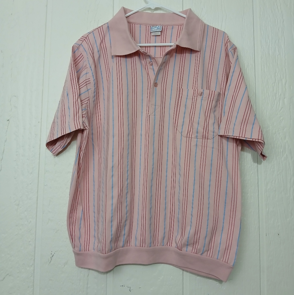 *VTG 90s Haband Casual Joe Cotton Poly Blend Striped Pink Banded Polo Shirt-L